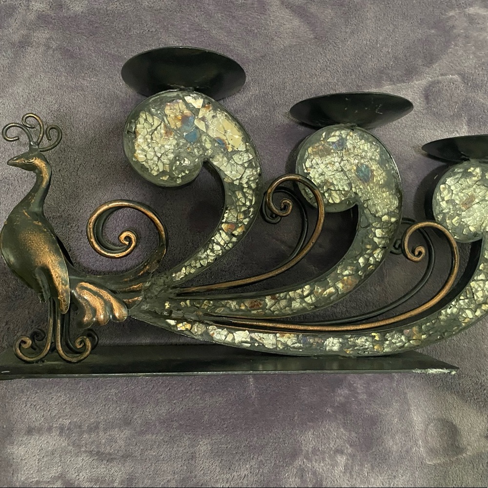 Vintage metal peacock with mosaic mirrors and 3 candle holders. Rustic design.